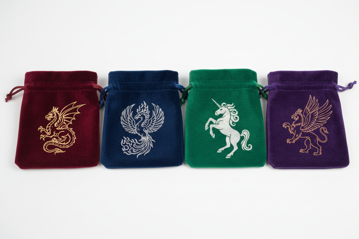 4 bolsas de terciopelo chicas con grabado de criatura en una sola tinta, colores diferentes